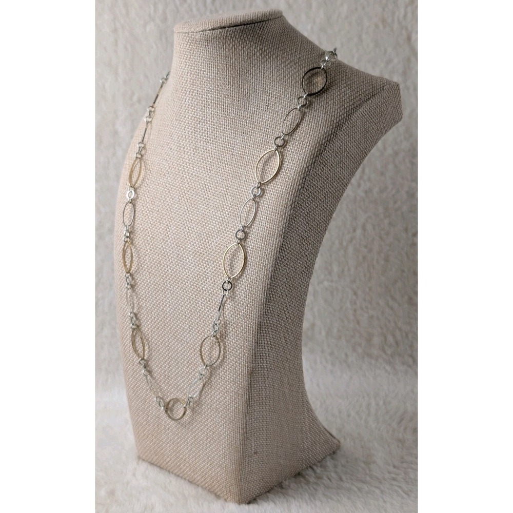 Long Silver Tone Oval Link Necklace Mixed Metal Chain‎ Modern Minimalist